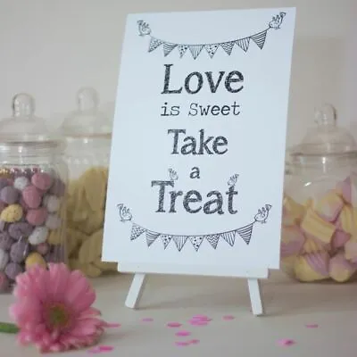 Wedding Love Is Sweet Sign A5 | White Table Decoration With Easel Stand • £4.95