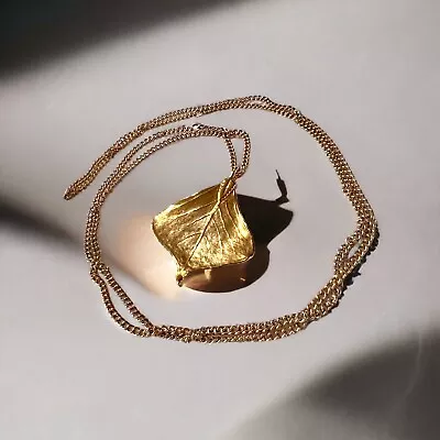 Vintage 18k Gold Dipped Leaf Pendant Necklace On Dainty Chain - Fall Autumn • $28