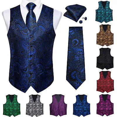 $19.66 • Buy Mens Black Blue Red Paisley Dress Vest Neck Tie Hankie Set Suit Tuxedo Waistcoat