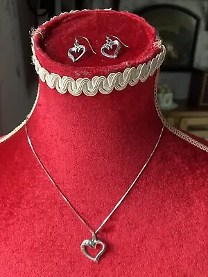 H SamuelVintage Sterling Silver & Marcasite Heart Pendant Necklace & Earring Set • £28