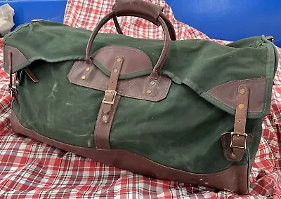 JW Hulme Co Tote Bag Canvas Green Leather Duffle Handles USA   About 24x13x14 • $227.77
