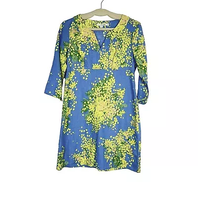 Boden Dress Floral Yellow Blue 3/4 Sleeve Linen Kaftan Tunic Women's Size 6R • $49.99