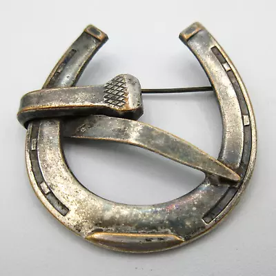 Vtg UNUSUAL OLD Big DISCOLORED HORSE SHOE Brooch Pin Silver Tone Metal Jewelry • $12.95