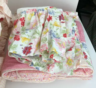 BABY LULU  Crib Set QUILT & SKIRT Lush Pink Red Blue Yellow FLOWERS Tiffany NEW • $38