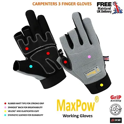 £6.95 • Buy MaxPow® 3 Three Half Finger Framer Mechanic Builder Safety Work Carpenter Gloves