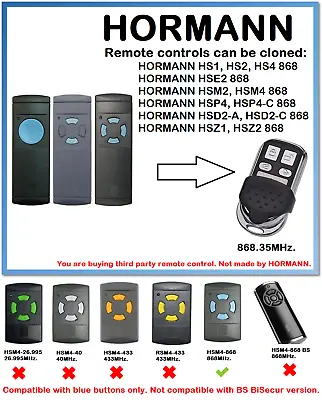 £11.58 • Buy HORMANN HS1, HS2, HS4 868 Universal Remote Control Duplicator 868.35MHz.