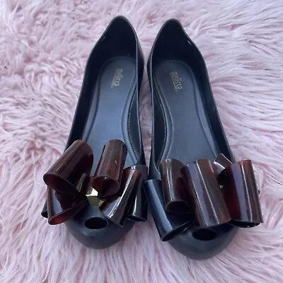 Mini Melissa Peep Toe Jelly Flats   Black Sz 9 Women’s Bow   $98 • $30