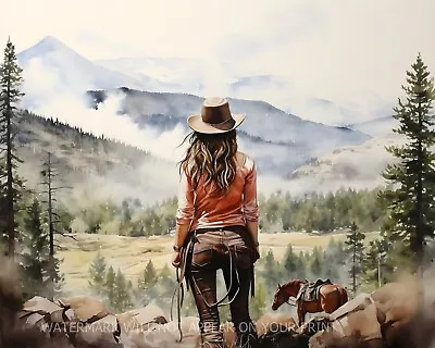 Blonde Cowgirl  Let's Ride  Watercolor Western Montana Giclée Art Print 8x10 • $7.99