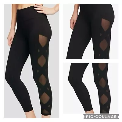DKNY Black Jersey/Sheer Mesh Panel/Sexy Cutout Lattice Crisscross Yoga Leggings • £15