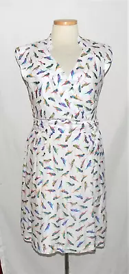 Milly White-Multi Bird Print Surplice-Neck Waist Tie Detail Fit & Flare Dress 12 • $31.25