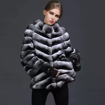 Women Chinchilla Full Pelt 100% Real Rex Rabbit Fur Coat Striped Jacket Overcoat • $406