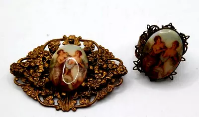 Porcelain Fragonard Brooch An Ring Adjustable Picture Two Ladies  1950's • £37.84