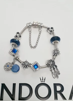$59.95 • Buy Authentic Pandora Bracelet With Beautiful Generic Blue Themed Charms S925 Ale