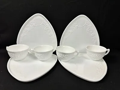 Vintage Milk Glass 8 Pc Snack Set Embossed Floral Triangle Luncheon Plate & Cup • $19.54
