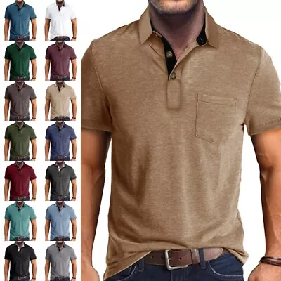 Men Summer Tops Short Sleeve Polo Shirt Mens Lapel Neck Beach Solid With Pocket • £13.99