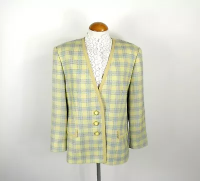 £51 • Buy 1970s Chanel Classic Yellow And Blue Check Wool Silk Jacket By Delmod Size M 40