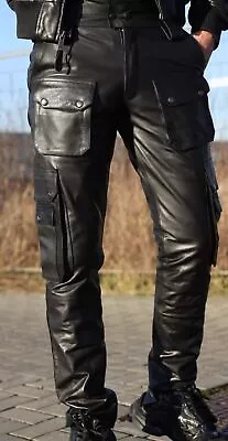 Men's Real Leather Cargo Pants Biker Quilted Pants Pants Motorbike Fit Trousers • £79.99