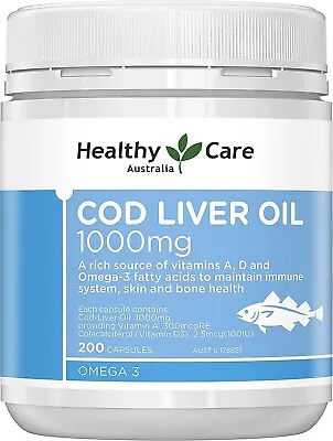 Healthy Care Cod Liver Oil 1000Mg - 200 Softgel Capsules Blue Maintains Immun • $25.40