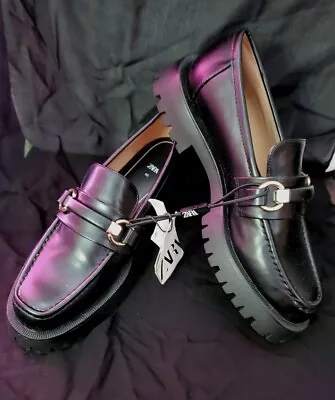 $19.25 • Buy ZARA Track Lug Sole Buckle Chunky Platform Shoes Womens 41 Black Slip On Loafers