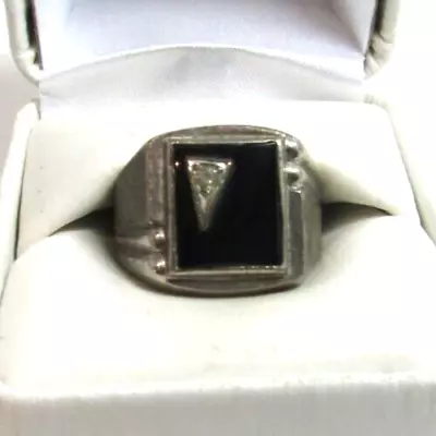 Vintage Men's Art Deco Sterling Silver Onyx CZ Signet Style Ring Sz 8 Signed • $95