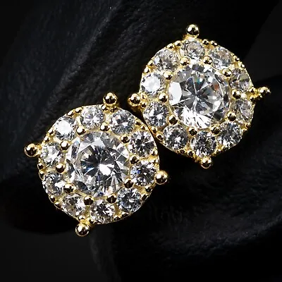 14K Gold Plated Men's Hip Hop Iced Cz Cluster 925 Sterling Silver Stud Earrings • $25.99