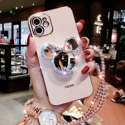 $15.88 • Buy For IPhone 14 Pro Max 13 12 11 X XR Cute Bling Mirror Holder Phone Case W/ Chain