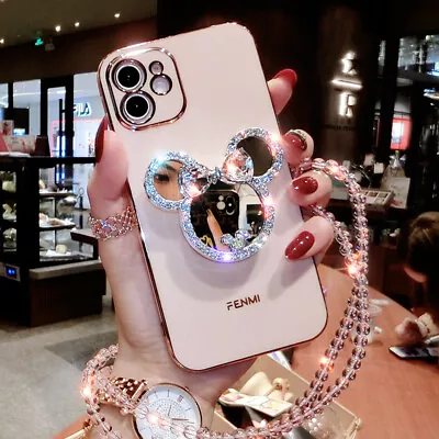 For IPhone 15 Pro Max 14 13 12 11 X Cute Bling Mirror Holder Phone Case W/ Chain • $16.88