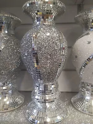 £19.99 • Buy 30Cm Sparkle Diamond Crushed Crystal Sparkly Silver Mirrored Floor Vase Style055
