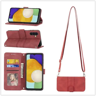 For Various Phone Leather Wallet Flip Card Bag Stand Case Cover +Crossbody Strap • $10.62