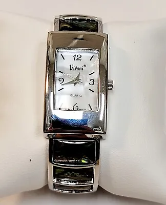 Vivani Wrist Watch Silver Tone Open Cuff Tank MOP Dial Abalone New Battery  • $16.99