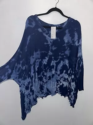 Lagenlook Made In Italy Blue Tie  Dye KNITTEDLINEN BLEND FLOATY TOP TUNIC-New • $49.50