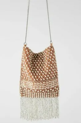 Zara Boho Beaded Crystal Pearl Tassle Fringe Crossbody Bag Bnwt • £34.99