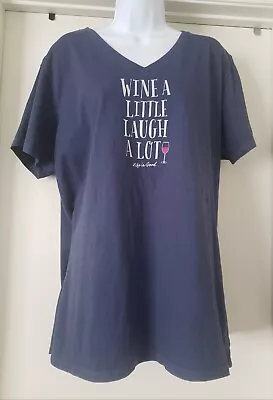 Women's LIFE IS GOOD T-Shirt WINE A LITTLE LAUGH A LOT Blue V-Neck XXL Crusher • £14.45