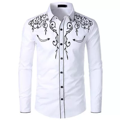 Retro Mens Western Cowboy Shirt Long Sleeve Embroidery Casual Buttons Down Shirt • £11.73