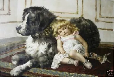 VINTAGE VICTORIAN Girl CHILD Doll NEWFOUNDLAND Dog CANVAS Art PRINT • $29.60