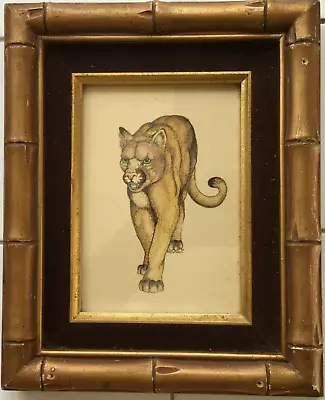 Vtg Prowling Mountain Lion Print In Original Bamboo Frame Artist Signed 11x9 • $29.95