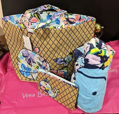 Vera Bradley Marian Floral Whale Beach Tote Bag Towel & Wristlet 3-pc Gift Set • $103.80