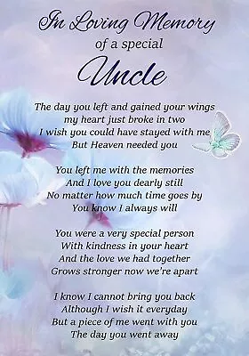 In Loving Memory Of A Special Uncle Memorial Graveside Poem Card & Stake F312 • £3.29