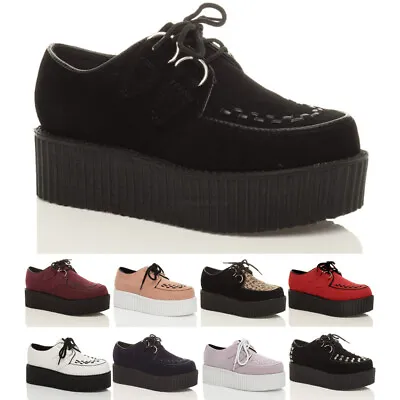 £22.99 • Buy Womens Ladies Flat Double Platform Wedge Lace Up Goth Creepers Shoes Boots Size