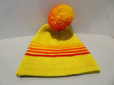 Vintage Wigwam Beanie Winter Ski Hat Cap Unisex Pompom Wool Yellow Orange Stripe • $29.99