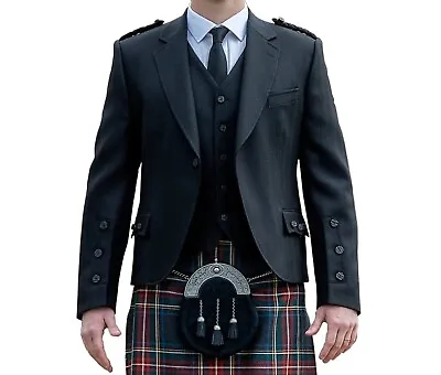 Mens Black Tweed Wool Argyle Kilt Jacket And Vest Scottish Wedding Kilt Jacket • £61.50