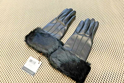 $228 Coach Womens Rabbit Fur Cuff Leather Merino Wool Lined Gloves BLACK Sz 7.5 • $49.95