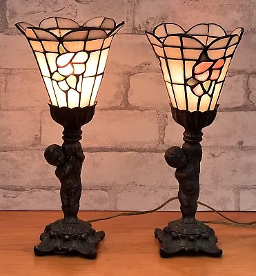 Stained Glass Tiffany / Torchiere  Style Accent Lamps Pair Retro Table Top 13.5” • $75