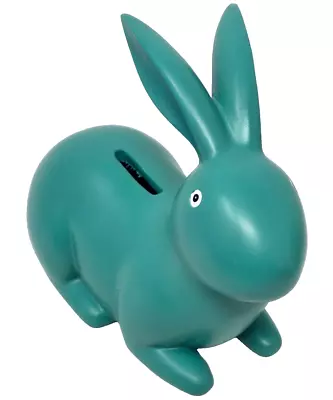 Resting Bunny Rabbit Coin Piggy Bank Blue Easter Gift Kids With Stopper 7.5  VTG • $17.99