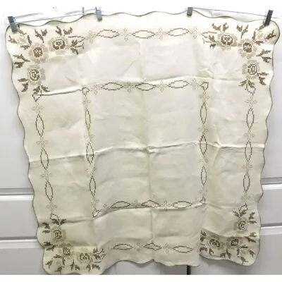 Vintage Brown Tan Card Table Tablecloth Embroidered Floral Flowers 36  X 37  • $7.20