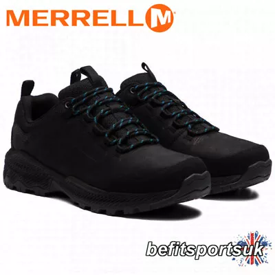 Merrell Mens Black Walking Shoes Leather Hiking Forestbound Grip Trainers Shoe • £54.90