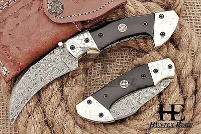 HUNTEX Custom Handmade Damascus 110mm Buffalo Horn Folding Pocket Karambit Knife • $129.95