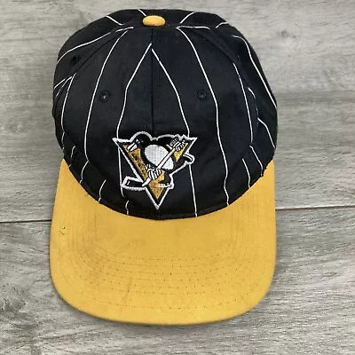 Vintage Pittsburgh Penguins Hat SnapBack NHL Starter Pinstripe Black *FLAWS* • $19.99