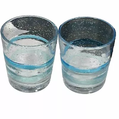 Hand Blown Mexican Glassware Teal& Aqua Swirl Set Of 2 Drinking Cocktail Glasses • $14