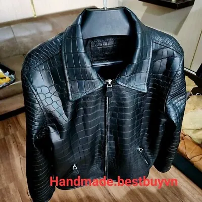 Black Luxury Real CROCO.DILE/GATOR Garment Leather Skin Ultra Soft Men S Jacket • $4600